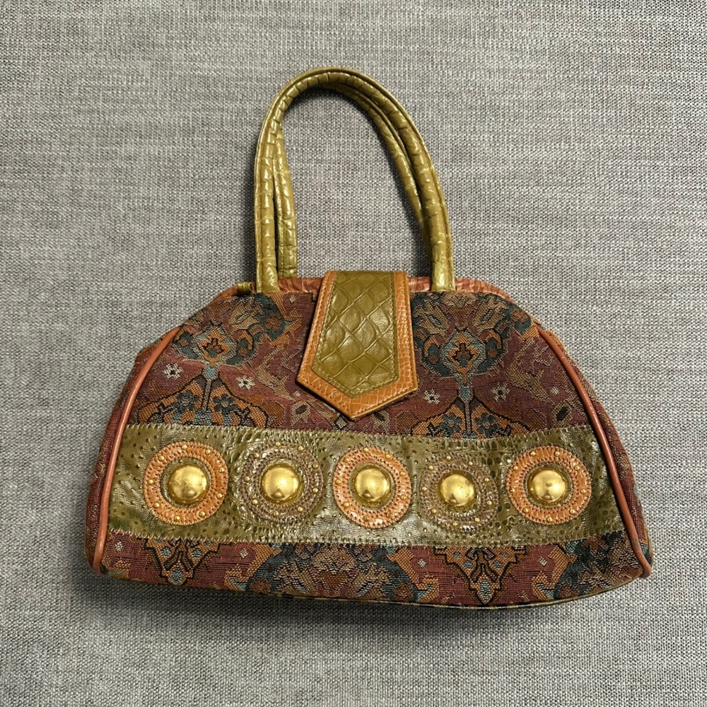Vittorio Perini Handbag Medium Brown Olive Green Studded Tapestry